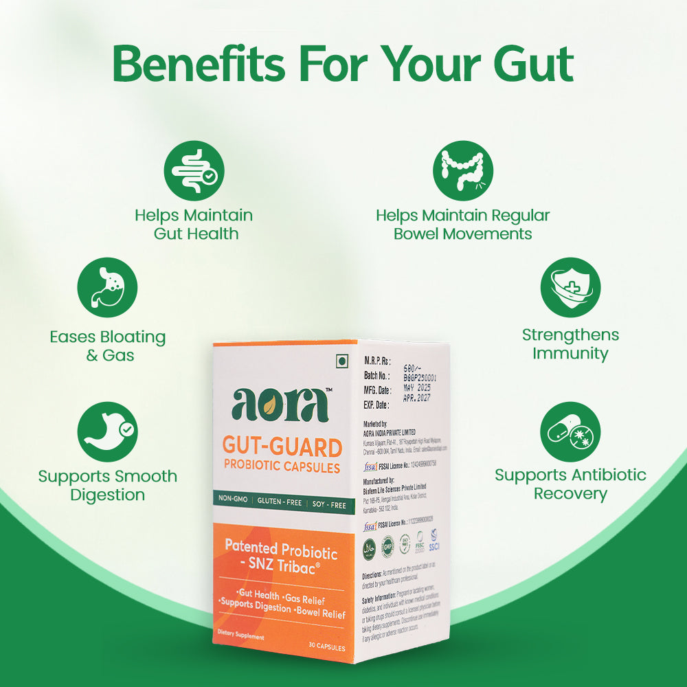 Aora Gut-Guard probiotic capsules for stomach health